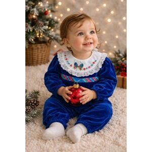 Vintage 80s Baby Velvet‎ Romper 18M Blue Christmas Lace Collar Outfit